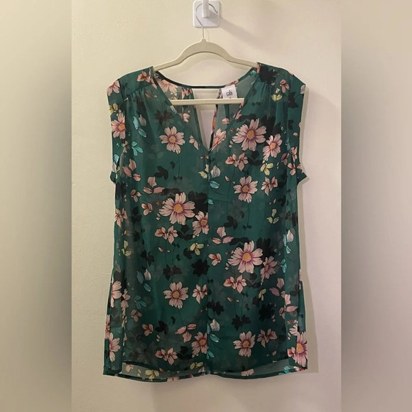 CABI NWOT 3619 Floral Print Sheer V-Neck Blouse in Green - Picture 4 of 8
